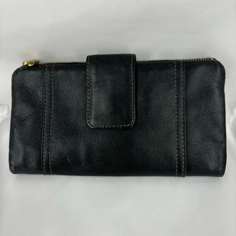Fossil Folding Wallet Black Leather ID‎ Window Credit Card Coin Zip Pocket